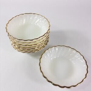 8 Anchor Hocking Fire King White Milk Glass Swirl Fruit Bowls Gold Trim Scallop